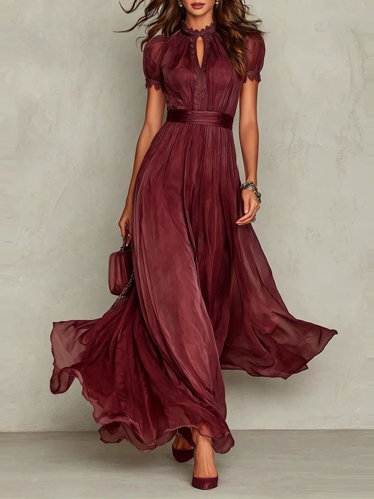 Vestido maxi de gasa morado con escote de gota y ribete de encaje