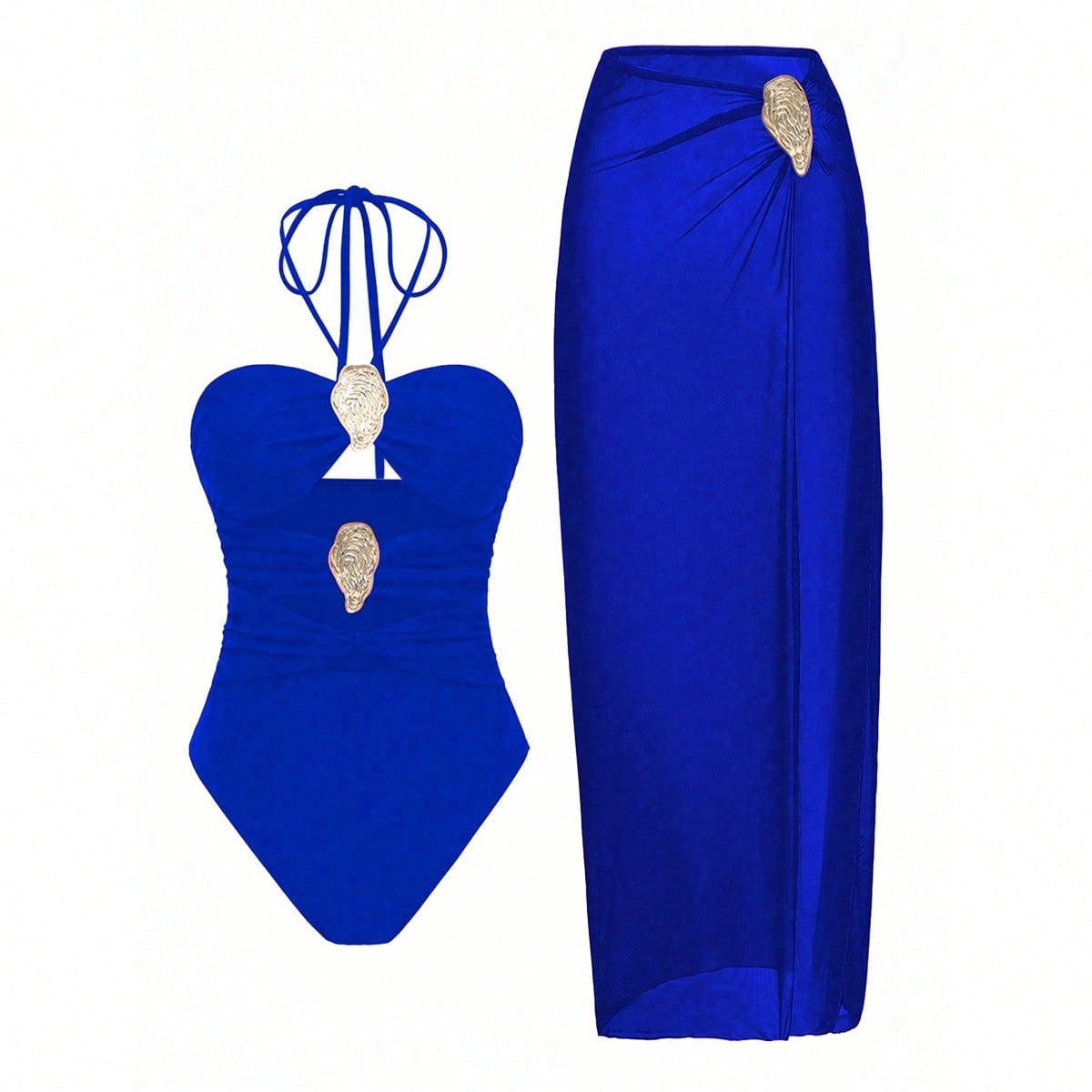 Conjunto de bañador con cuello halter y falda pareo para mujer
