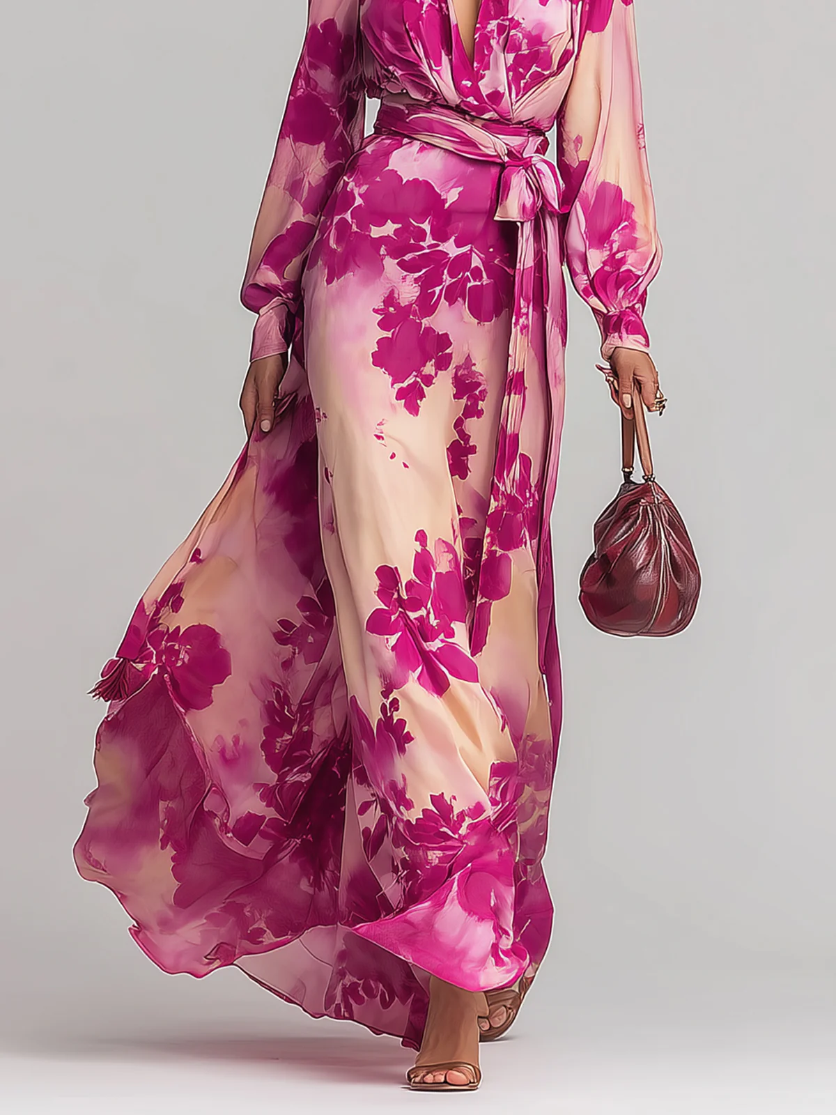 Vestido largo floral rojo rosado con cuello en V y cinturón