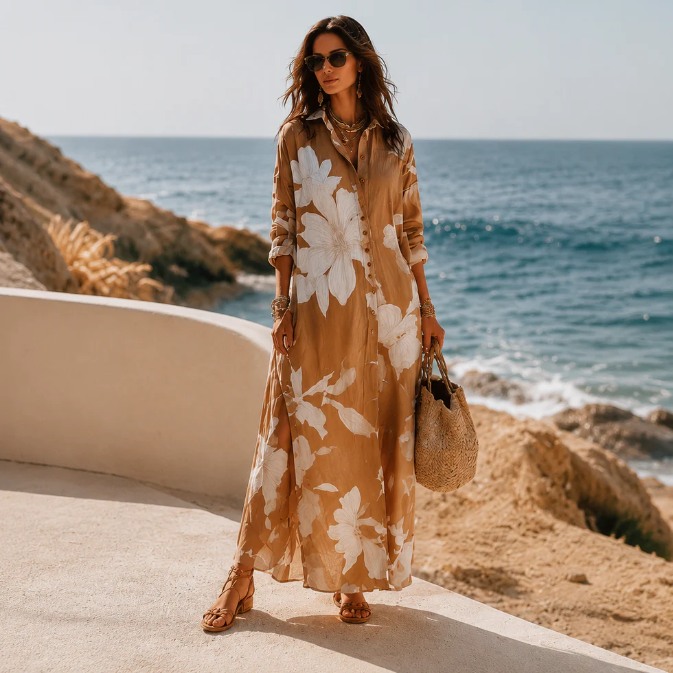 Vestido camisero largo para vacaciones con estampado floral marrón y blanco