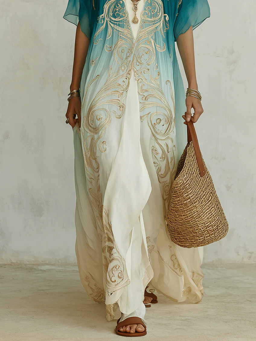 Vestido largo caftán fluido con estampado dorado degradado
