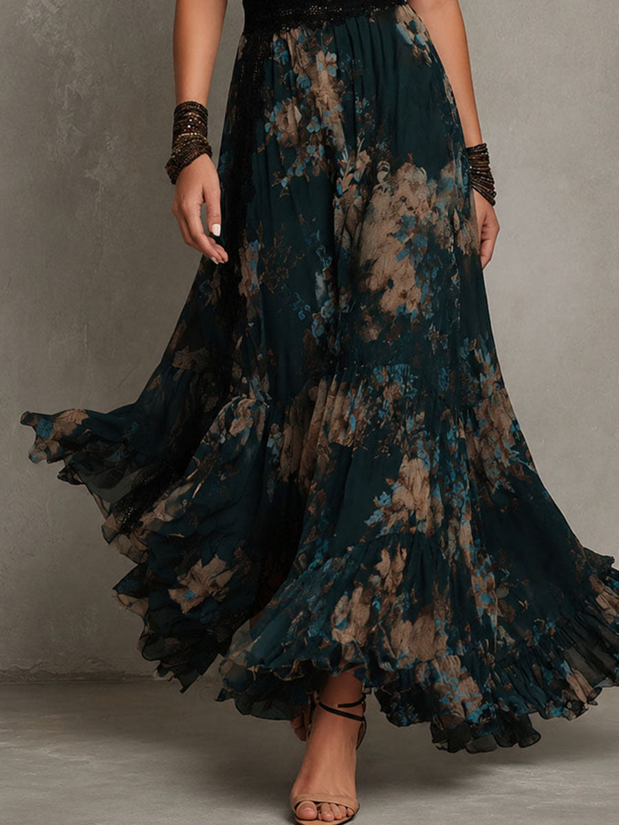 Vestido largo vintage de gasa verde oscuro con flores y ribete de encaje
