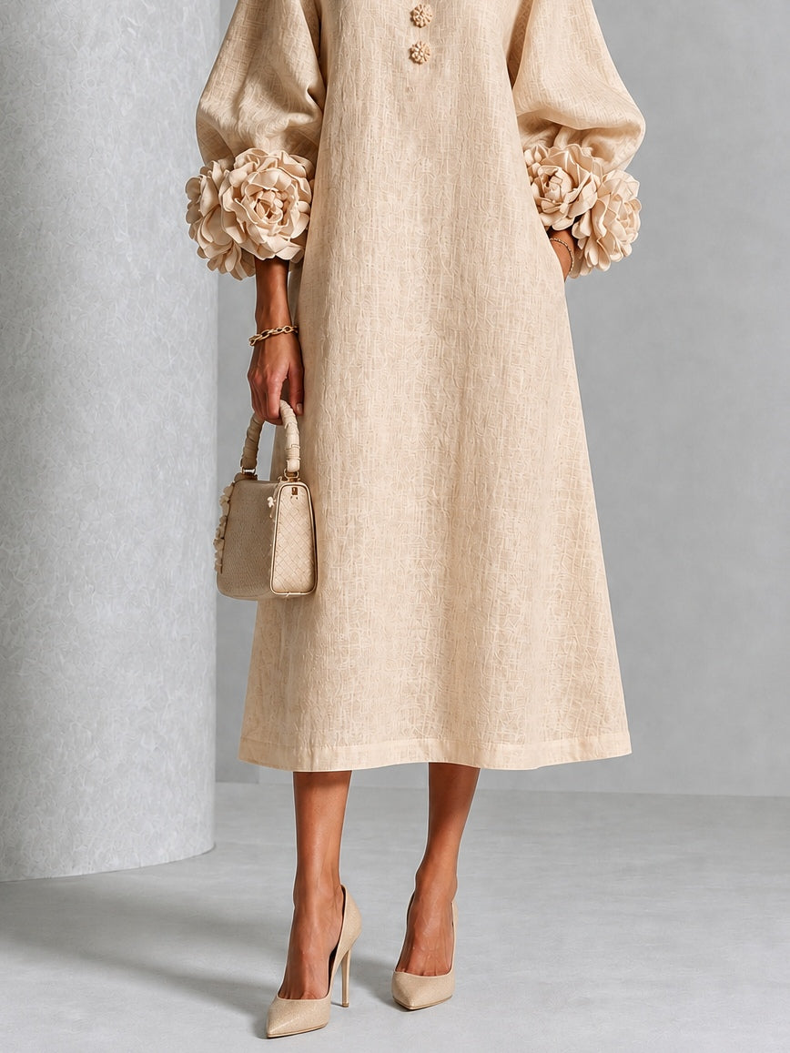 Vestido midi floral beige abotonado con llamativos puños florales