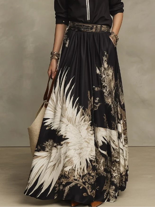 Conjunto de camisa con media cremallera y falda midi fluida con estampado artístico negro y dorado