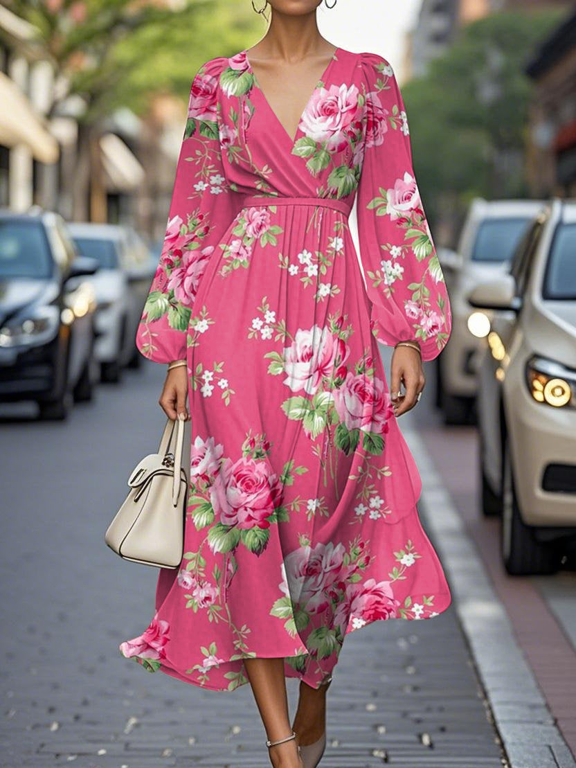 Elegante vestido midi de gasa plisada con flores y cuello en V