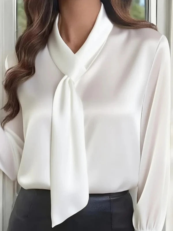 Camisa casual lisa de manga larga con lazo