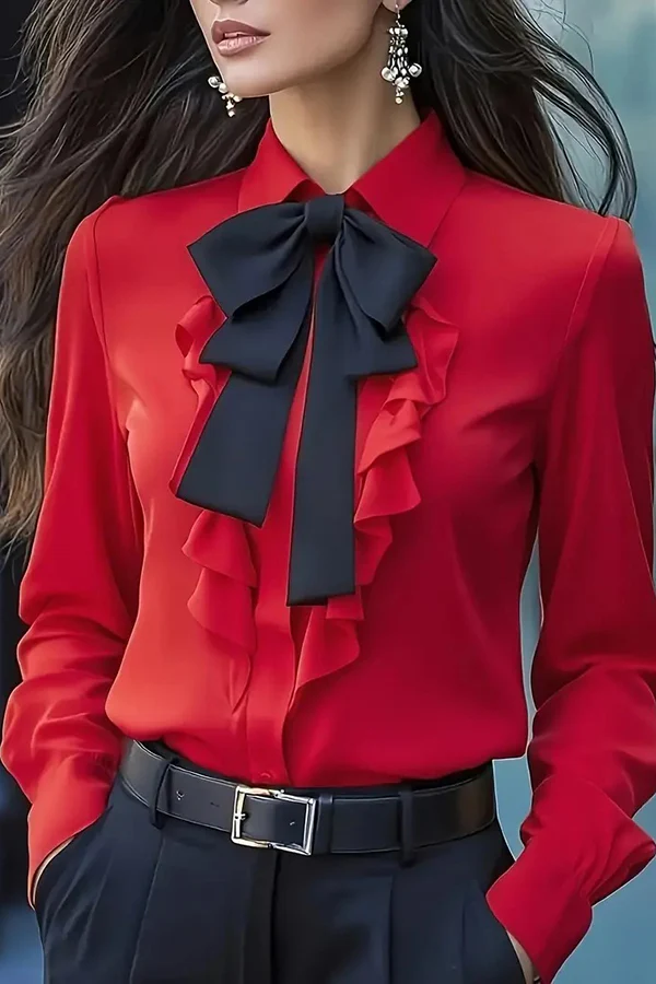 Camisa casual de manga larga con volantes y lazo