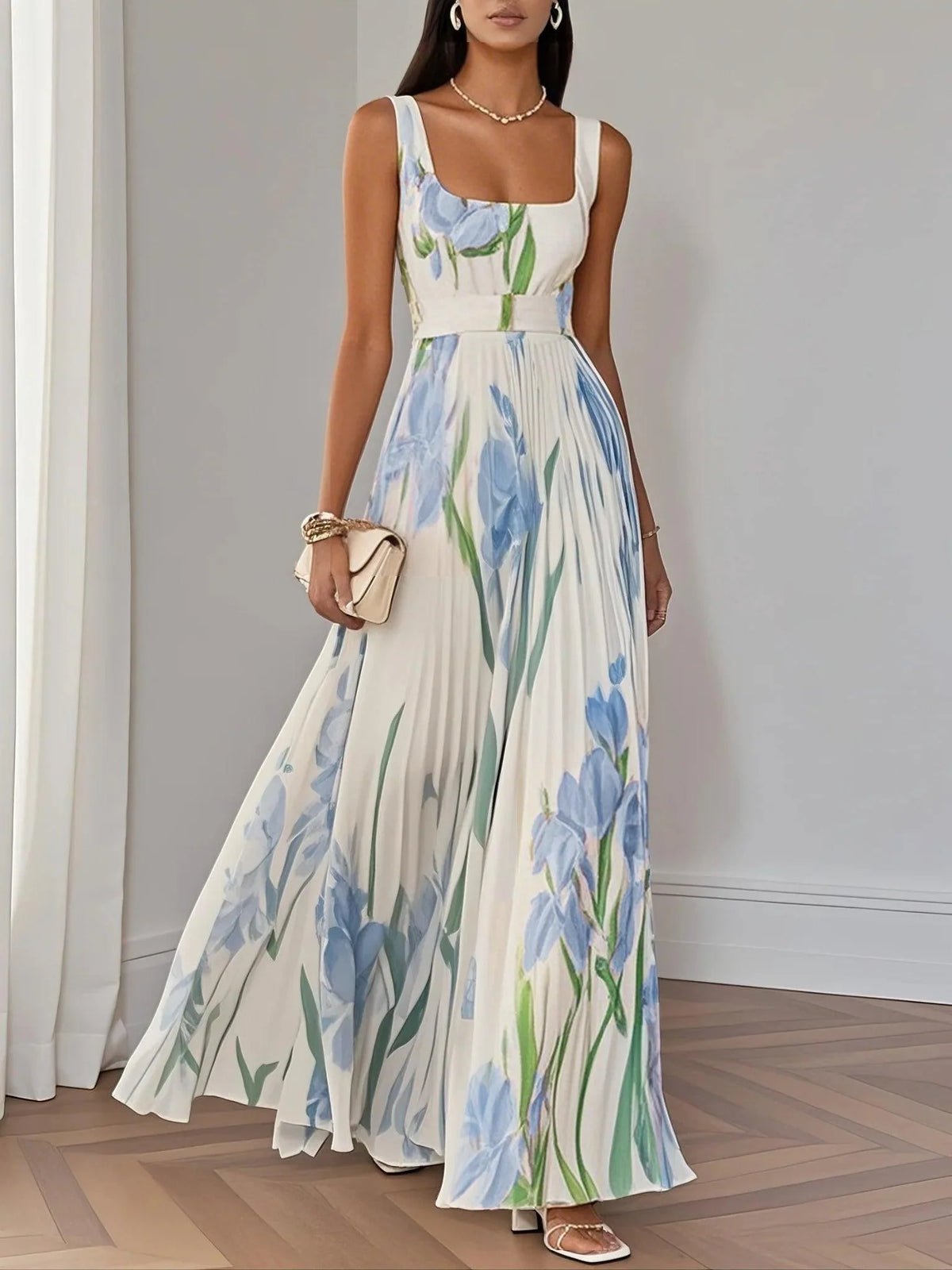 Vestido largo blanco de gasa plisada con flores, escote cuadrado y sin mangas