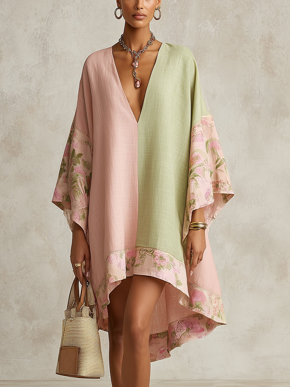 Vestido midi color block verde y rosa con ribete floral