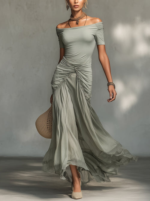Vestido maxi gris de tejido elástico y gasa