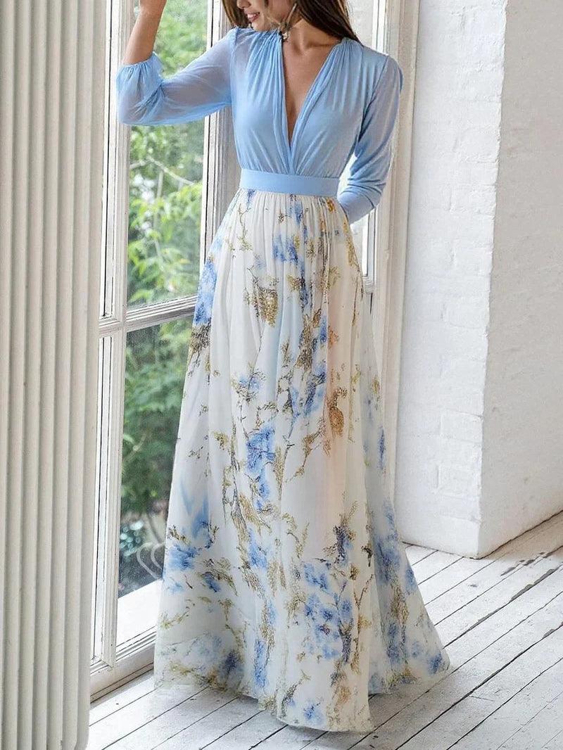 Vestido largo con estampado floral y cuello en V