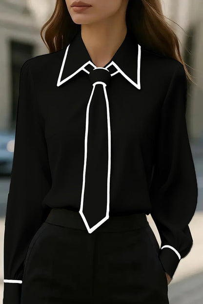 Camisa casual de manga larga con lazo en contraste
