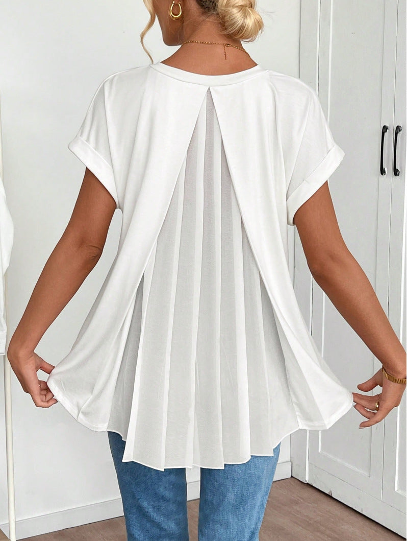 Top de manga corta con cuello en V y pliegues en la espalda para mujer