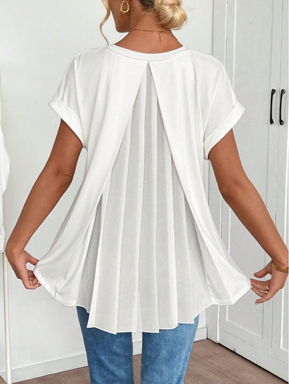 Top de manga corta con cuello en V y pliegues en la espalda para mujer
