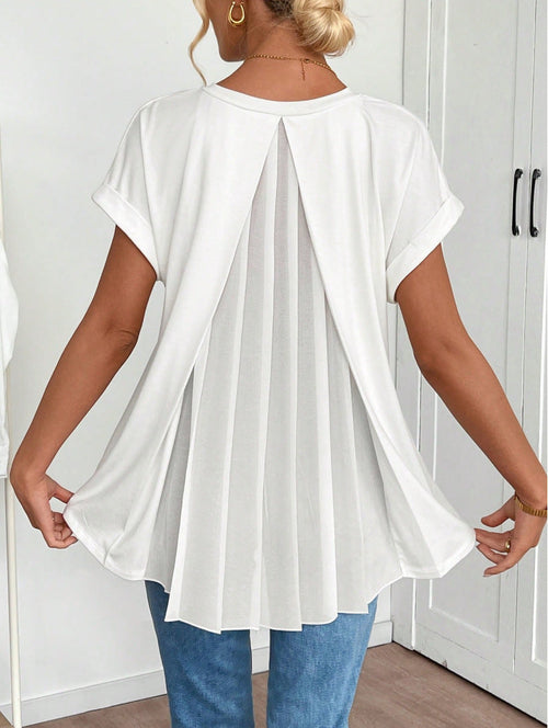 Top de manga corta con cuello en V y pliegues en la espalda para mujer