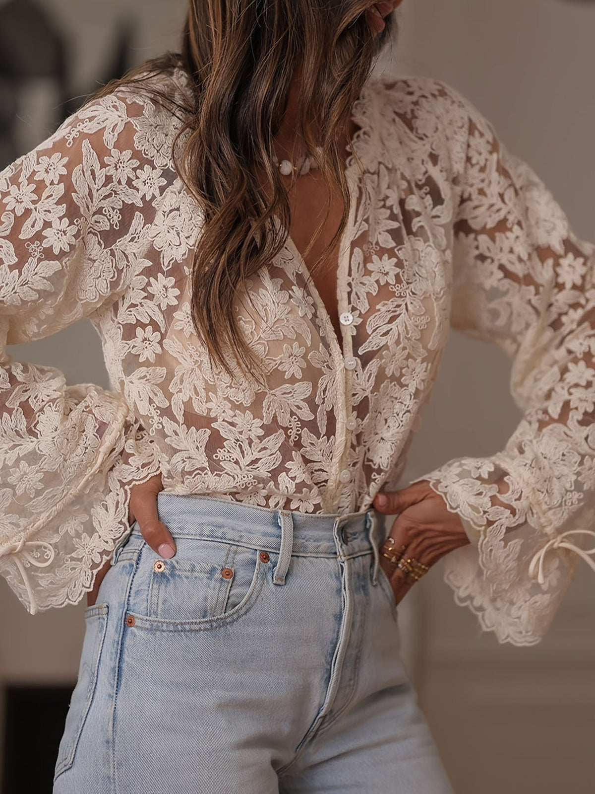 Camisa casual de encaje calado para mujer