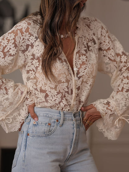 Camisa casual de encaje calado para mujer