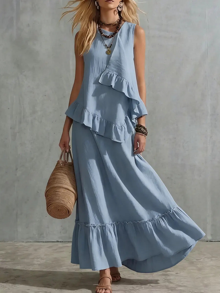 Vestido maxi asimétrico sin mangas de color liso para mujer