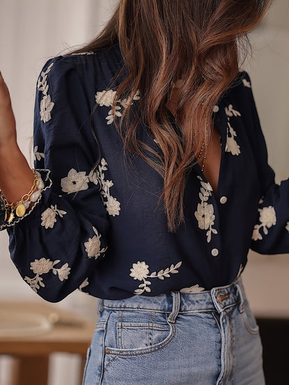 Blusa de gasa bordada de manga larga para mujer