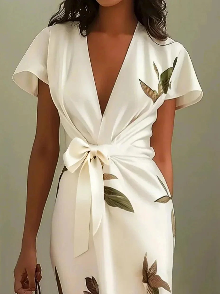 Vestido midi cruzado de satén blanco con hojas y manga corta