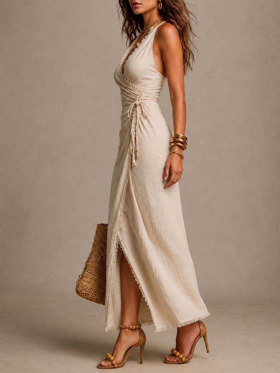 Vestido maxi cruzado beige de efecto lino con ribete de encaje