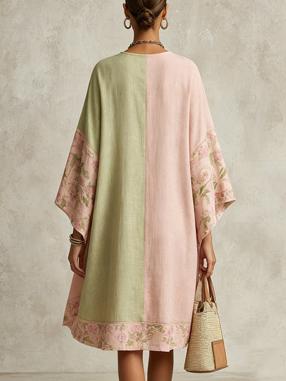 Vestido midi color block verde y rosa con ribete floral