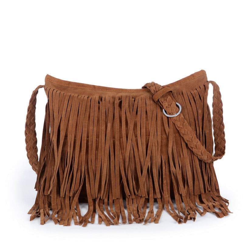 Bolso bandolera de hombro con flecos y acabado esmerilado
