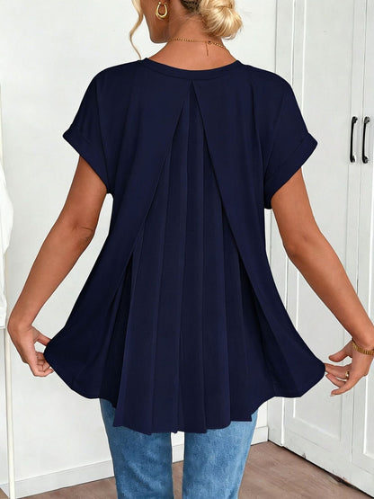 Top de manga corta con cuello en V y pliegues en la espalda para mujer