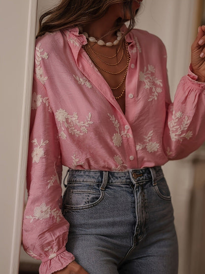 Blusa de gasa bordada de manga larga para mujer