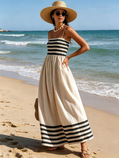 Vestido maxi de tirantes finos con rayas blancas y negras