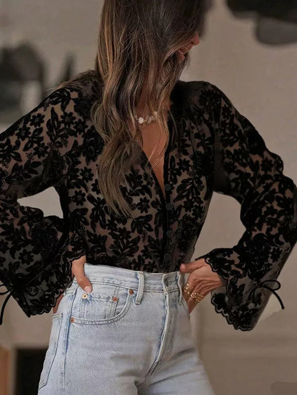 Camisa casual de encaje calado para mujer