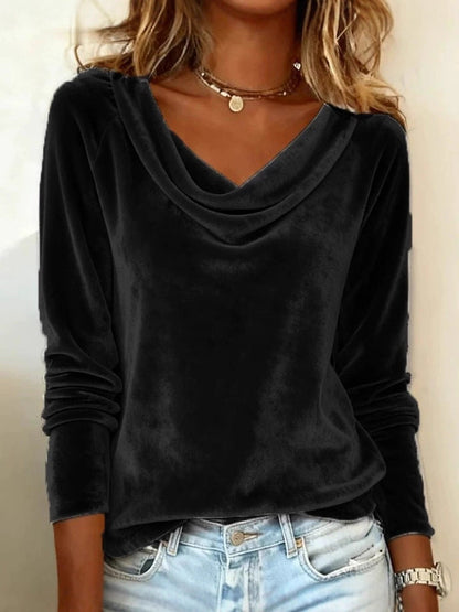 Camiseta de terciopelo lisa de manga larga con cuello drapeado
