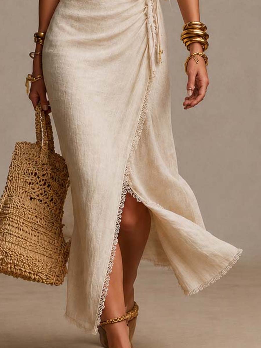 Vestido largo cruzado beige de efecto lino con ribete de encaje