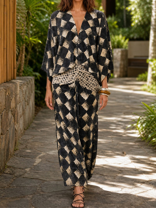 Conjunto casual con estampado abstracto de cuadros