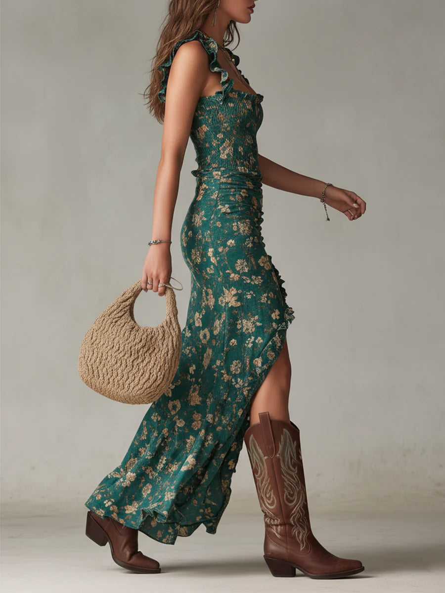 Vestido maxi bohemio verde estampado con mangas de volantes