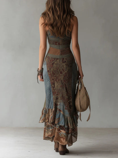 Vestido maxi de un hombro con estampado de estilo étnico y abertura alta