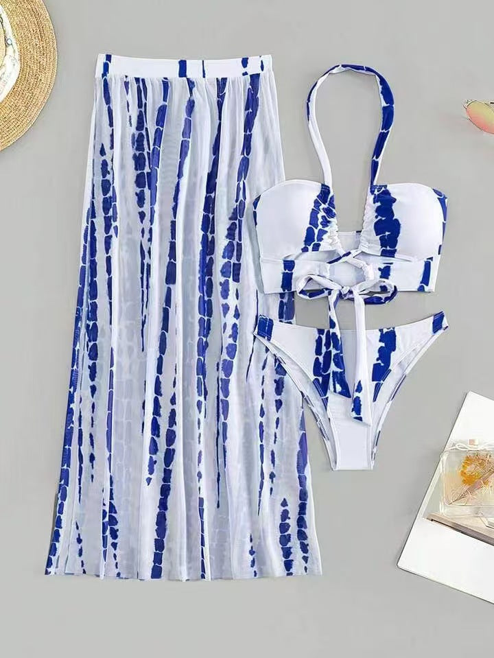 Bikini de dos piezas con tirantes cruzados y falda transparente