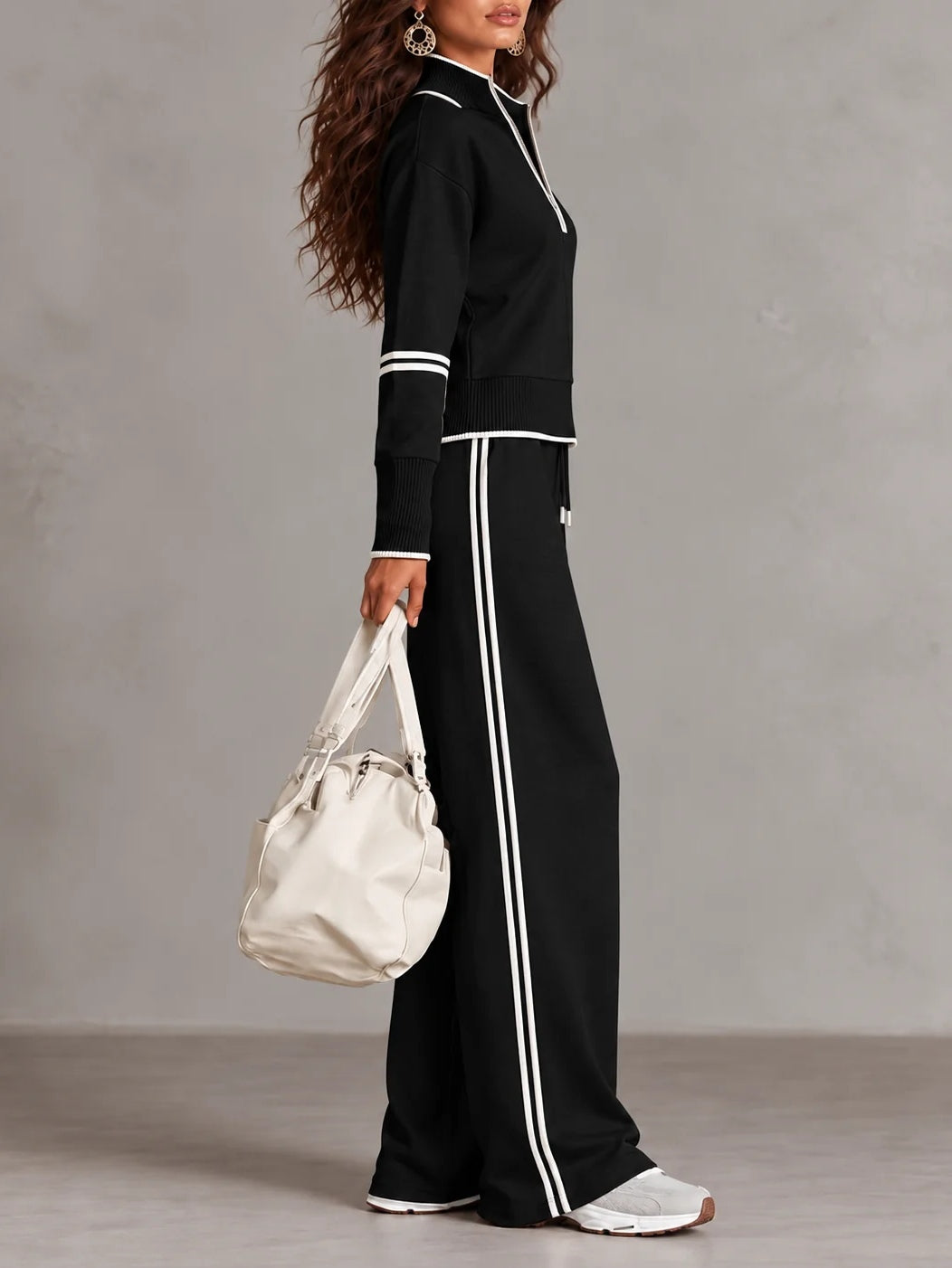 Conjunto blanco de sudadera de canalé con media cremallera y pantalón de pierna ancha bicolor