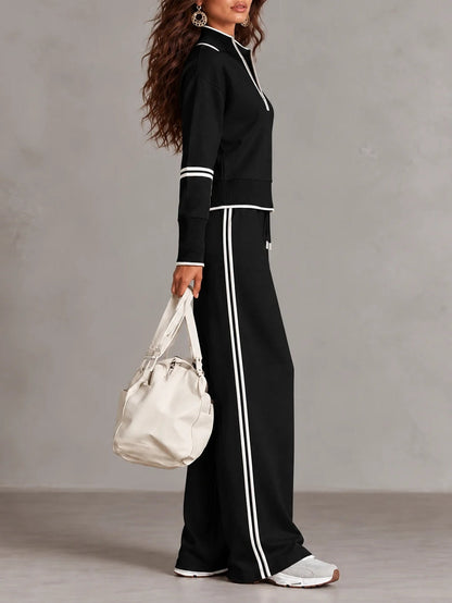 Conjunto blanco de sudadera de canalé con media cremallera y pantalón de pierna ancha bicolor