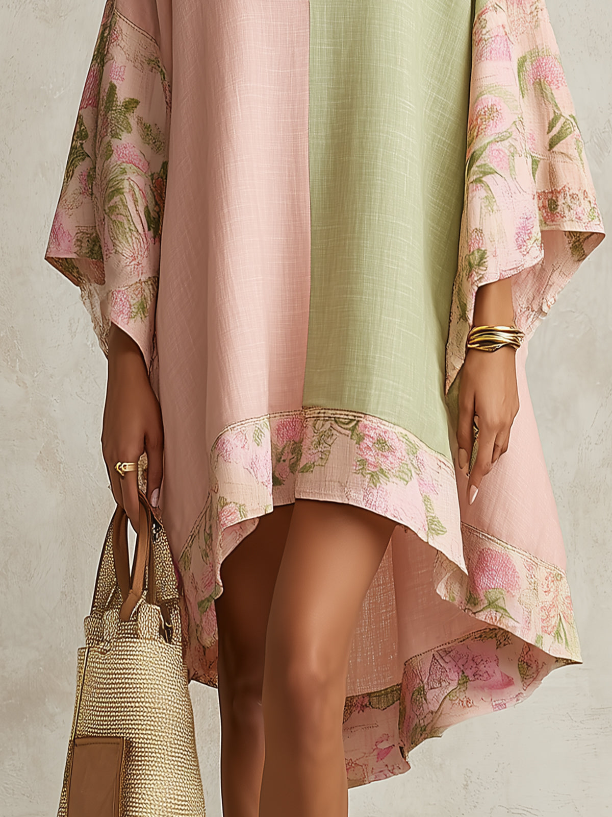 Vestido midi color block verde y rosa con ribete floral