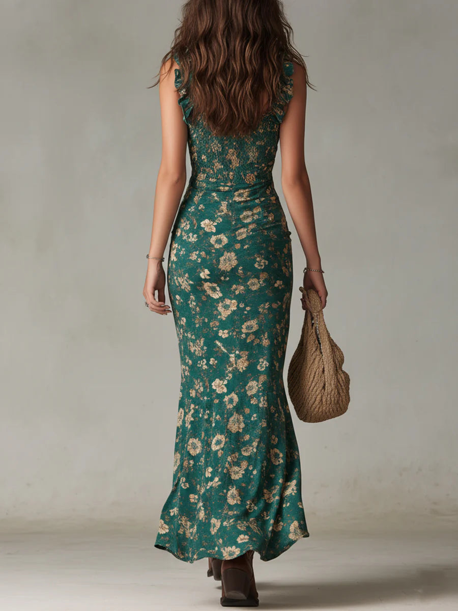 Vestido maxi bohemio verde estampado con mangas de volantes