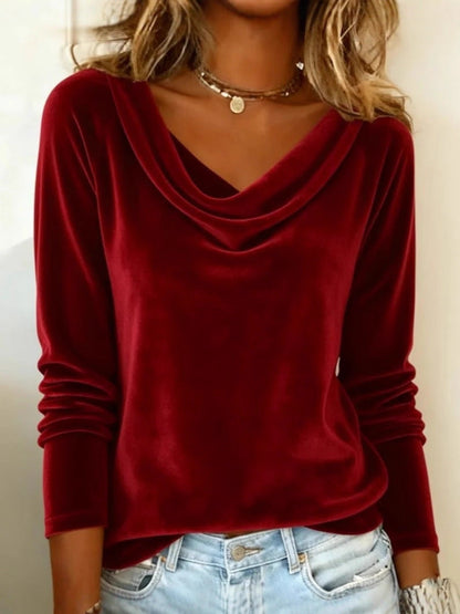 Camiseta de terciopelo lisa de manga larga con cuello drapeado