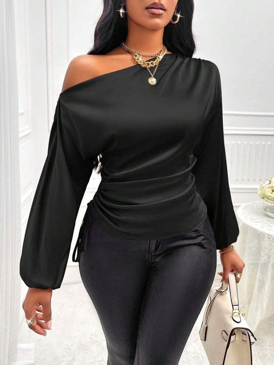 Blusa de satén asimétrica de manga larga con cuello cruzado para mujer