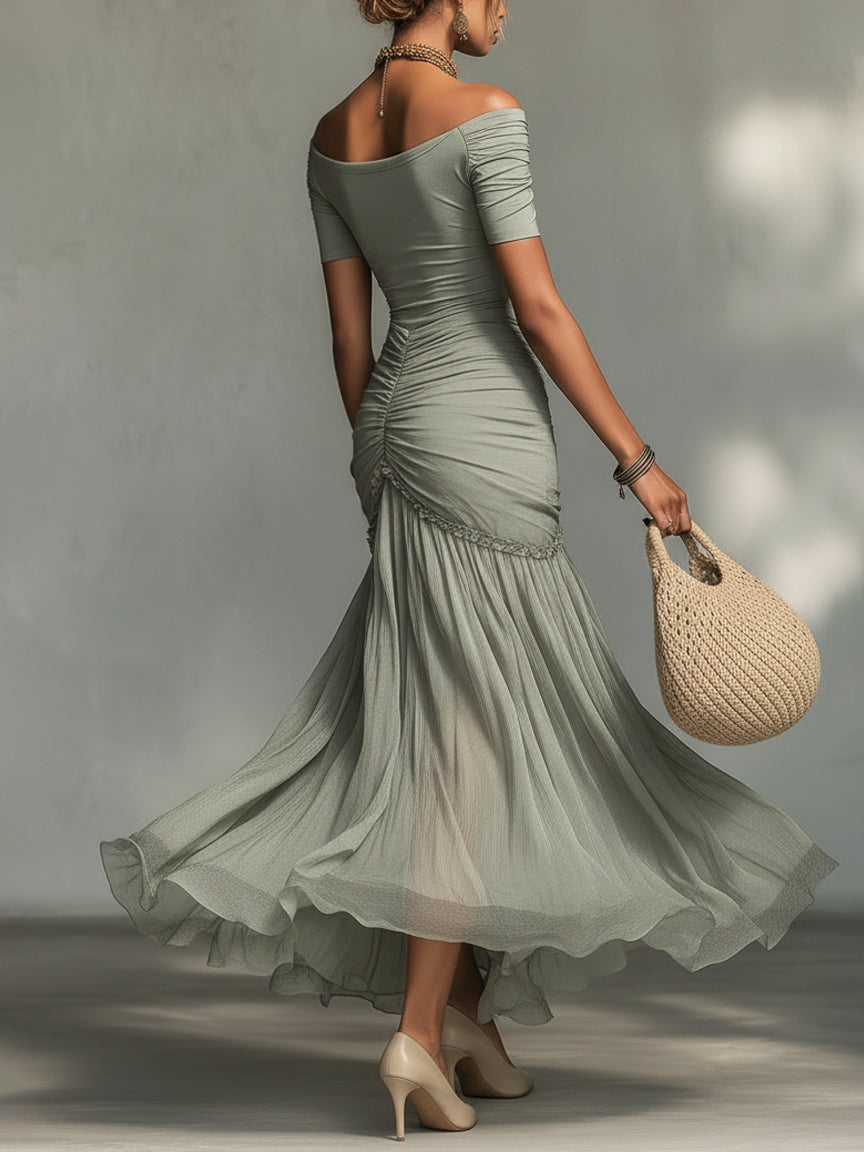 Vestido maxi gris de tejido elástico y gasa