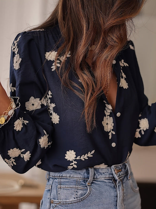 Blusa de gasa bordada de manga larga para mujer