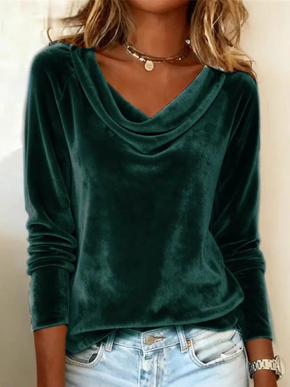 Camiseta de terciopelo lisa de manga larga con cuello drapeado