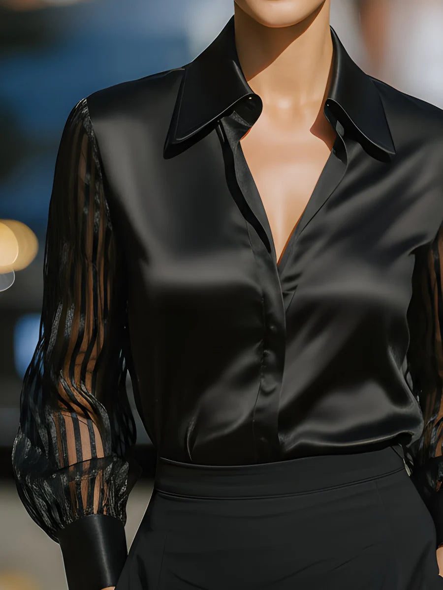 Camisa holgada negra de manga larga con paneles de satén