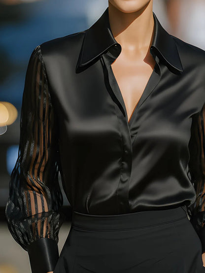 Camisa holgada negra de manga larga con paneles de satén
