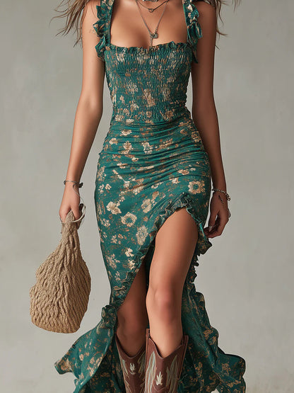 Vestido maxi bohemio verde estampado con mangas de volantes