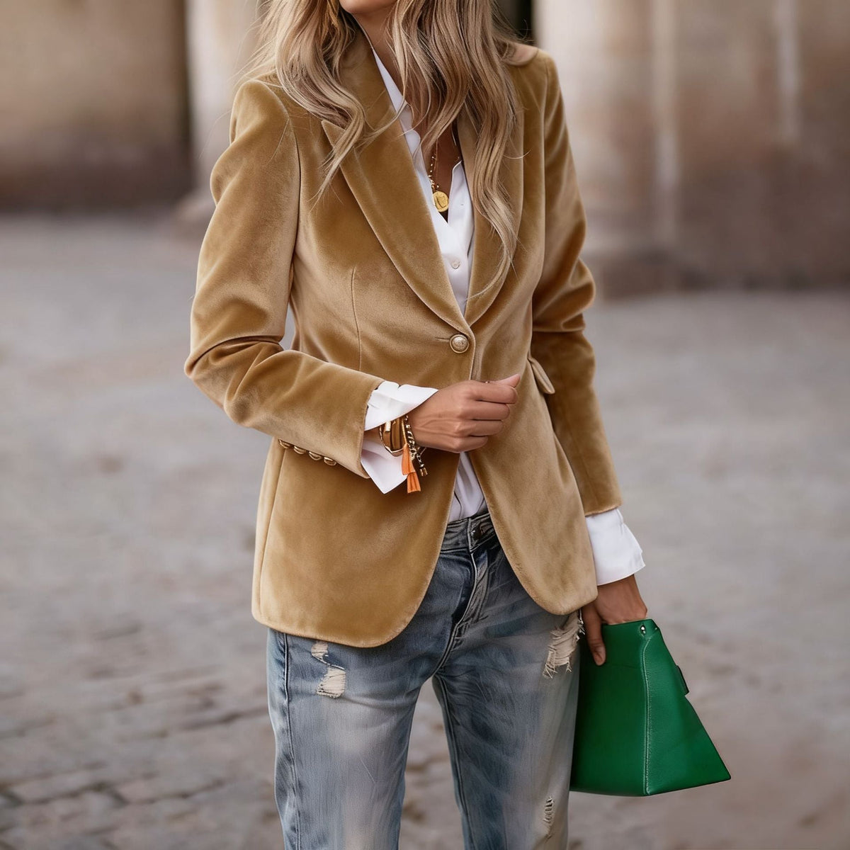Blazer elegante de terciopelo entallado con bolsillos simulados